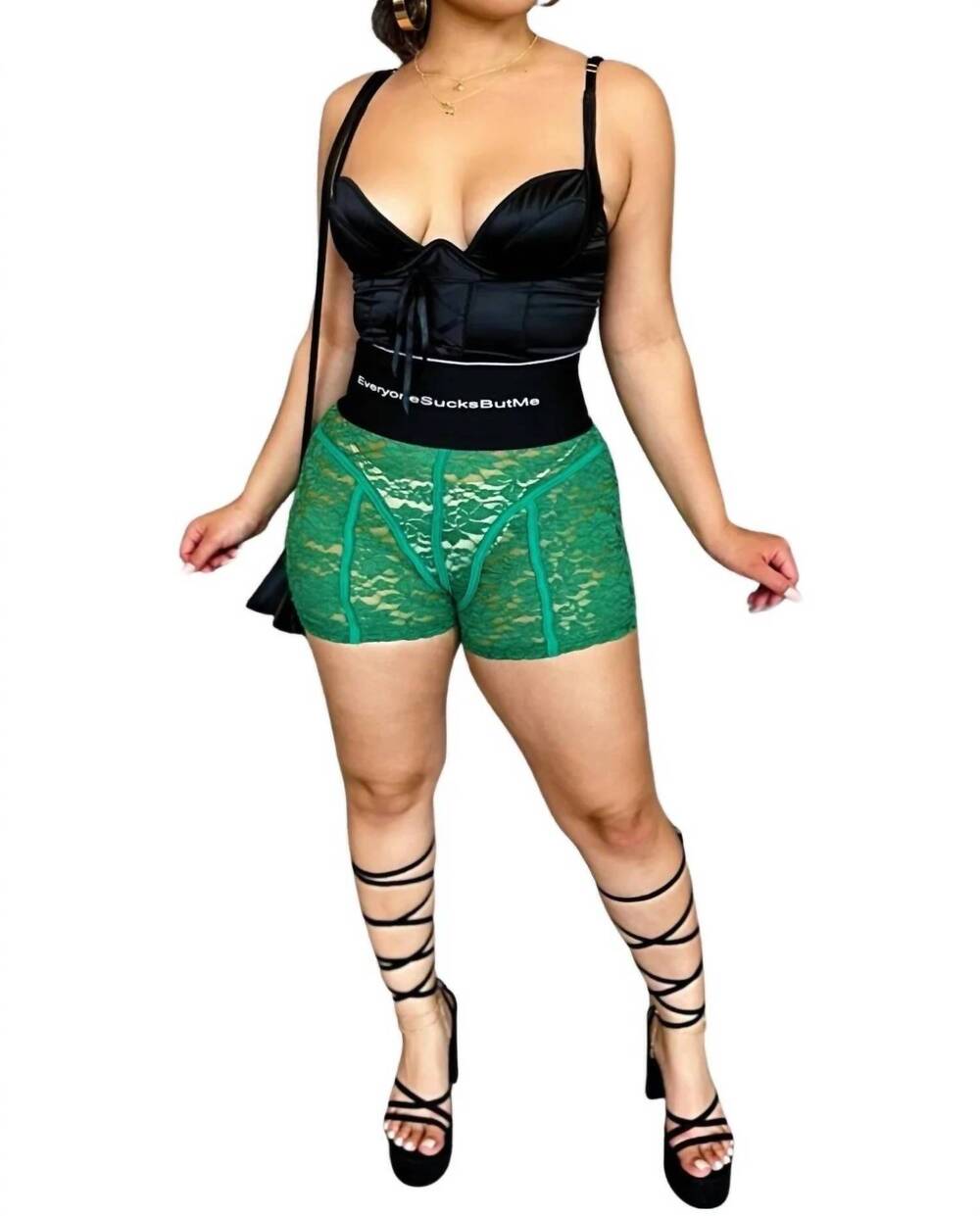 NEW BLANC tell it like it is high rise lace shorts in green